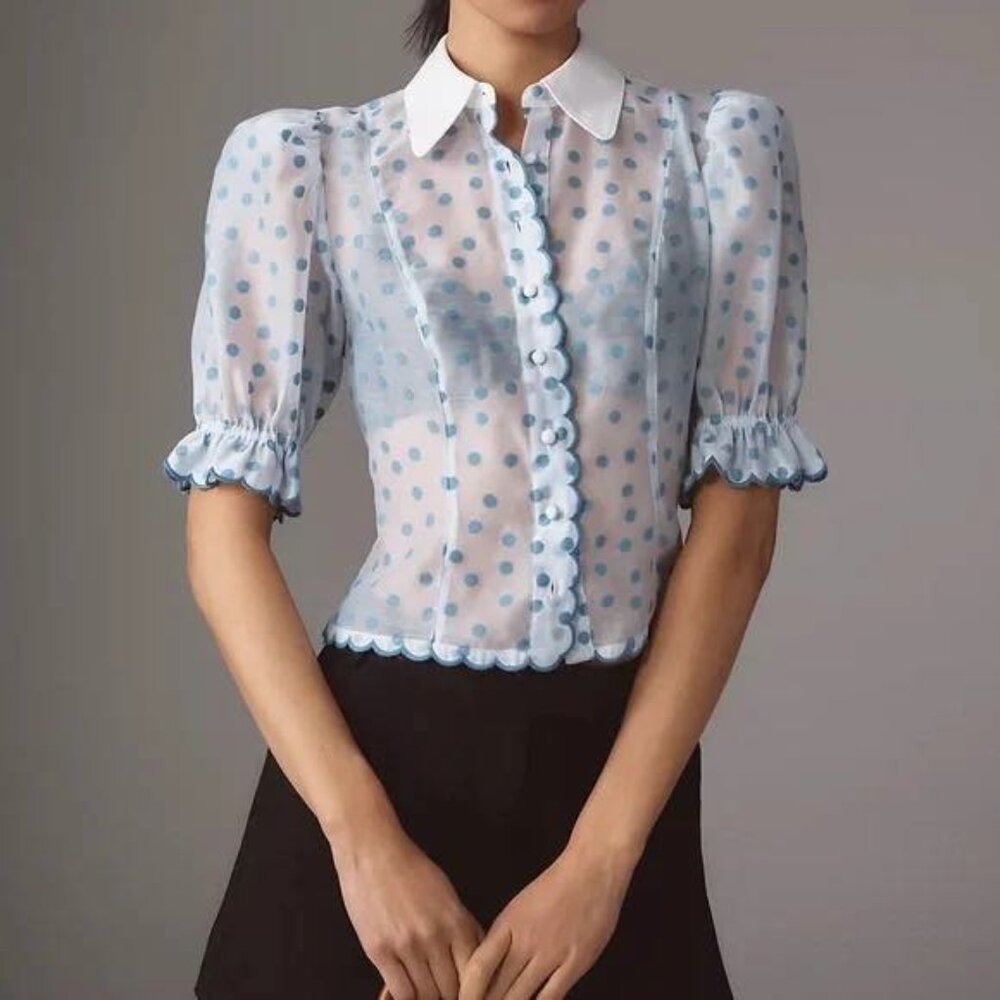 Anthropologie Maeve Puff-Shoulder Collared Slim Blouse in Blue Motif, S